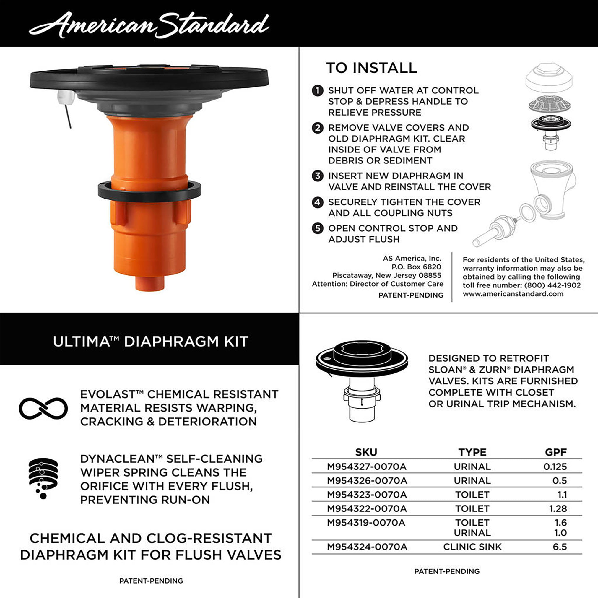 Ultima™ Touchless Sensor Urinal Flush Valve, DiaphragmType, 1.0 gpf/3.